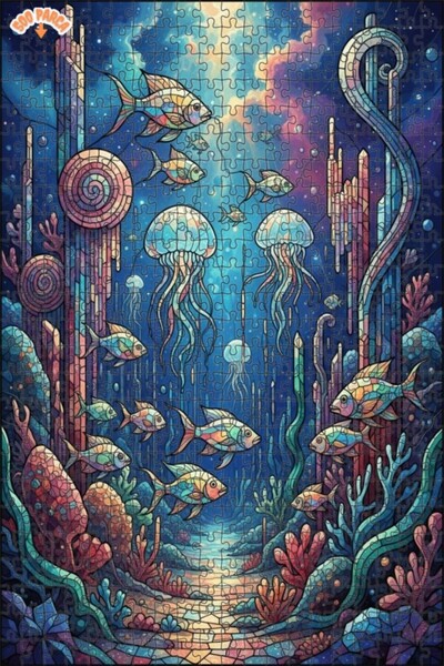 Teona Ahşap Colorful Glass Mosaic Fish and Jellyfish Art Double Layer Framed ...