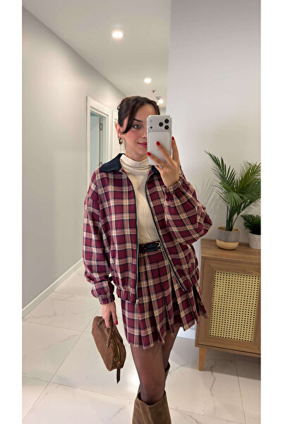 BİRCANÇİL Tudensa Burgundy Plaid Premium Bomber Jacket