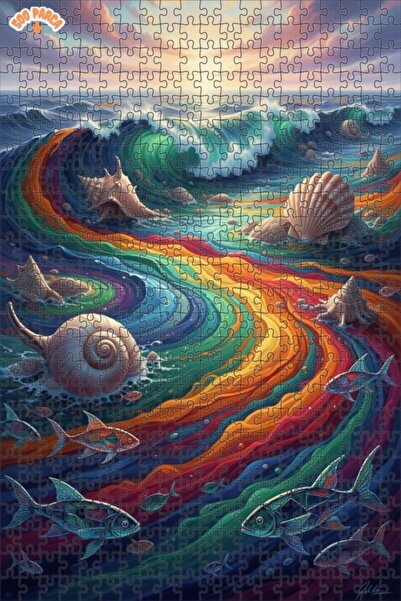 Teona Ahşap Rainbow Waves Oil Painting Look Art Double-Layer Framed Wooden Pu...