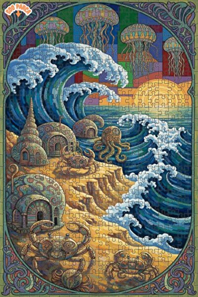 Teona Ahşap Magical Submarine Town Oil Painting Look Double-Decker Framed Woo...