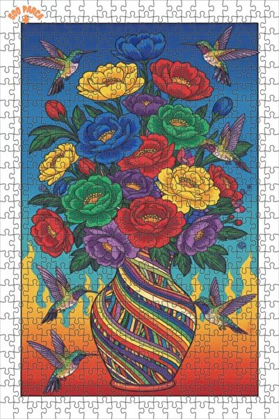 Teona Ahşap Colorful Hummingbirds Bouquet Double-Layered Framed Wooden Puzzle...