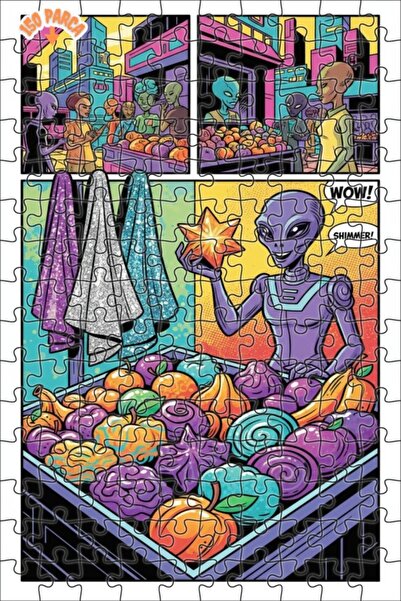 Teona Ahşap Alien Market Colorful Character Art Double Layer Framed Wooden Pu...