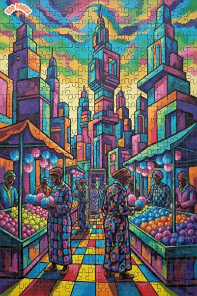 Teona Ahşap Vibrant City Market Oil Painting Look Double Layer Framed Wooden ...