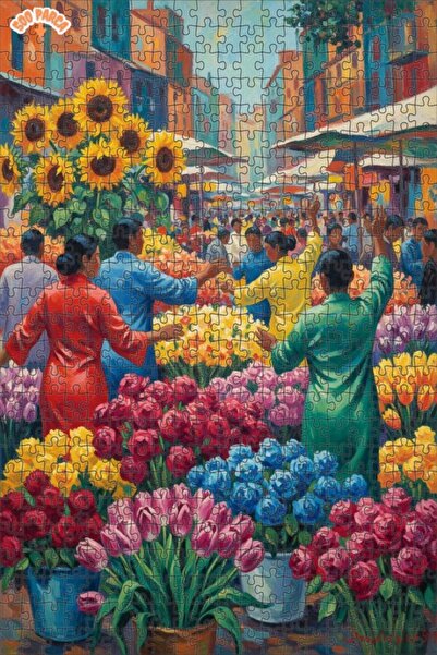 Teona Ahşap Flower Market Oil Painting Look Wooden Puzzle 500 Pieces 50X30