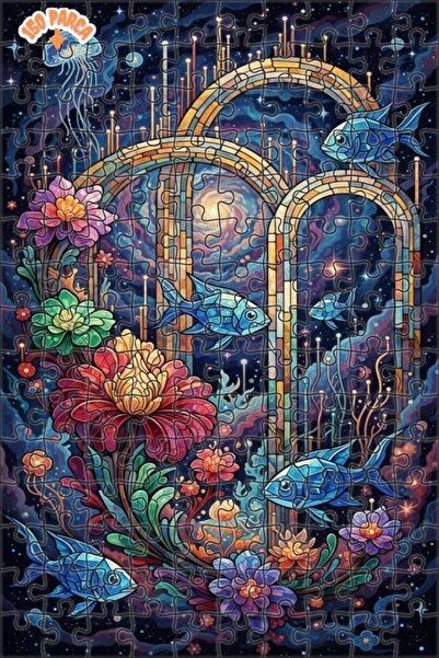 Teona Ahşap Fantastic Galaxy Fish and Colorful Flowers Double-Layered Framed ...