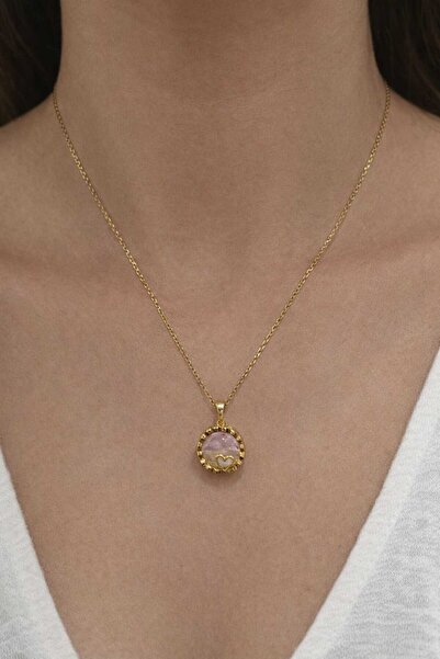 PENDANT Kalpli Pembe Taşlı Altın Renkli Paslanmaz Çelik kolye