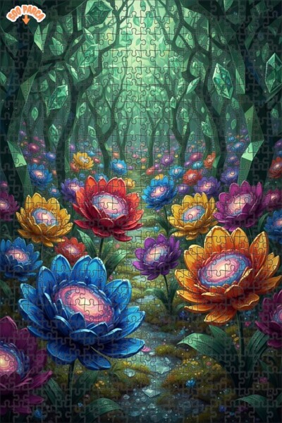 Teona Ahşap Magical Crystal Forest Flowers Oil Painting Look Wooden Puzzle 50...