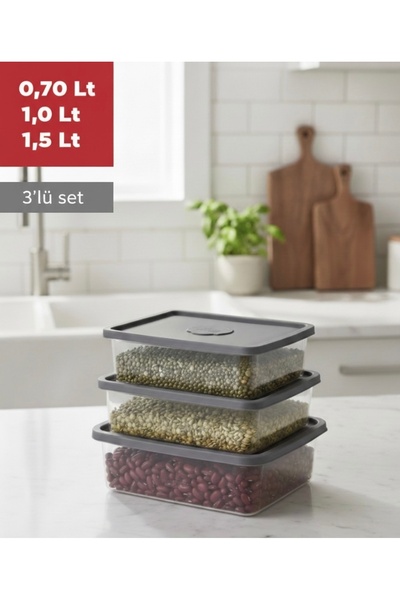 Alkanev Poly Time 3'Lü Set Saklama Kabı Trio Dikdörtgen Desen Antrasit (0,70-...