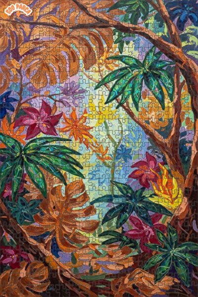 Teona Ahşap Tropical Leaves Oil Painting Look Wooden Puzzle Double Layer Fram...