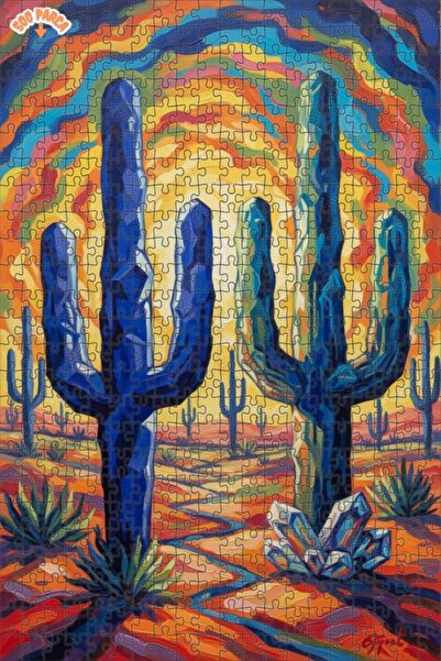 Teona Ahşap Large Blue Cacti Oil Painting Look Double Layer Framed Wooden Puz...