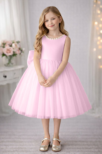 SUNEH Menekşe Model Yaka İncili Kız Çocuk Elbise Saten Üst, Kabarık Hayal Tül...