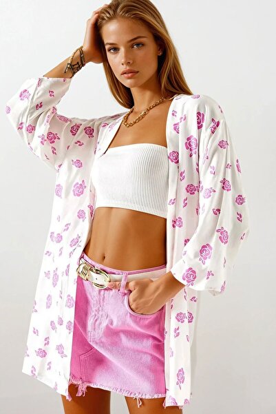 Trend Alaçatı Stili Women's Fuchsia Patterned Woven Viscose Kimono Vs00708