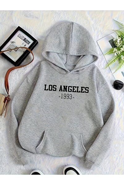 Deocept Unisex Los Angeles Printed Hooded Basic Oversized Sweatshirt