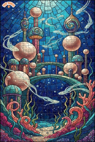 Teona Ahşap Magic Undersea City Stained Glass Art Double Layer Framed Wooden ...