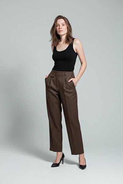Madmext Bitter Brown Fabric Trousers with Detailed Cuffs and Flat Legs Mg2642
