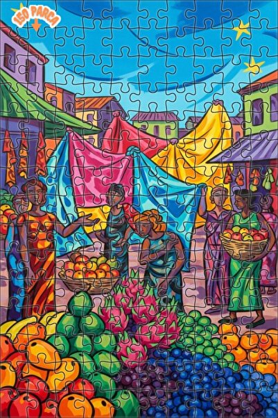 Teona Ahşap Colorful Market Scene Oil Painting Look Art Wooden Puzzle 150 Pie...