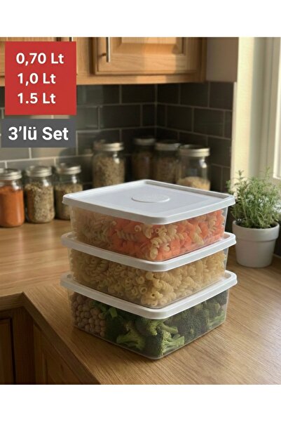 Alkanev Poly Time 3'Lü Set Saklama Kabı Trio Kare Desen Beyaz (0,70-1,0-1,5 Lt)