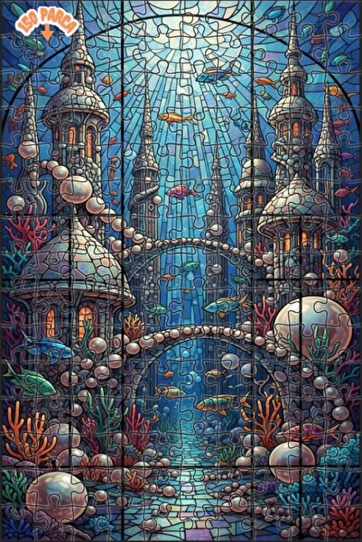 Teona Ahşap لغز قصر غامض تحت الماء يشبه فن الزجاج الملون، لغز خشبي مؤطر بطبقت...