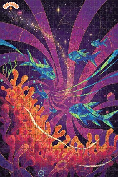 Teona Ahşap Surfaces in the Mysterious Depths Colorful Fishes Double Layer Fr...