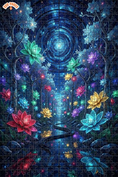 Teona Ahşap Magical Forest Flowers Oil Painting Look Double Layer Framed Wood...