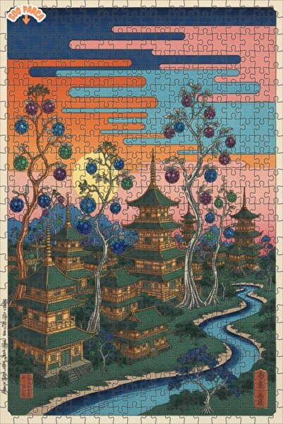 Teona Ahşap Japanese Temples and Colorful Fruits Oil Painting Look Art Wooden...