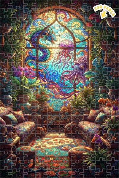 Teona Ahşap Fantastic Dragon and Octopus Stained Glass Art Double Layer Frame...
