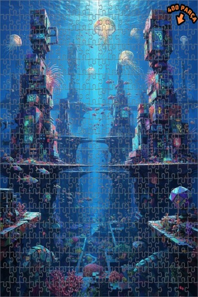 Teona Ahşap لوحة زيتية لمدينة البحر الخيالية المستقبلية، لغز خشبي مؤطر ذو طاب...