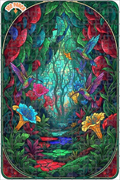 Teona Ahşap Magic Forest Hummingbirds Colorful Glass-Looking Wooden Puzzle Do...