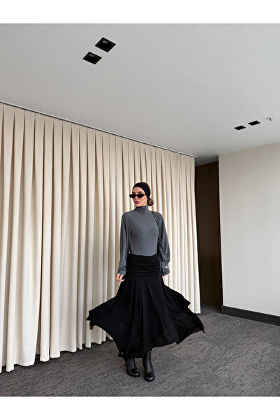 Laluvia Black Gathered Belted Skirt - 3366