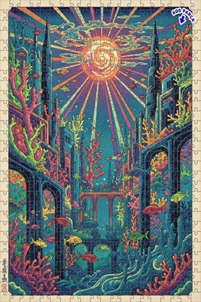 Teona Ahşap لغز خشبي بتصميم لوحة زيتية لحلم مدينة تحت البحر 600 قطعة 50x35