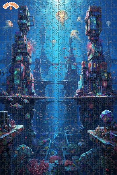 Teona Ahşap Surreal Futuristic Sea City Oil Painting Double-Decker Framed Woo...