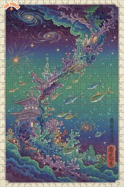 Teona Ahşap Cosmic Underwater Cities Oil Painting Lookalike Wooden Puzzle 500...