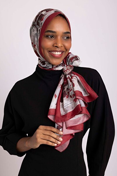 Ayshara Single-Sided Shawl with Bud Leaf Pattern - Dark Red