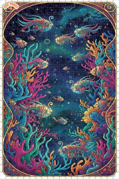 Teona Ahşap Colorful Undersea Mechanical Fishes Oil Painting Look Art Puzzle ...