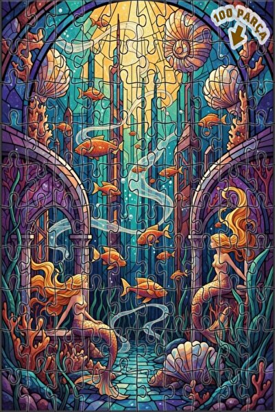 Teona Ahşap لغز خشبي مؤطر ذو طبقتين من الزجاج الملون بتصميم حورية البحر السحر...