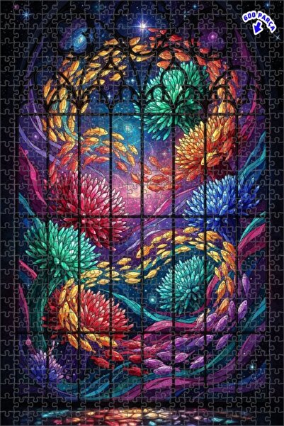 Teona Ahşap لغز خشبي مؤطر ذو طابقين بتصميم فني لحزمة أسماك جالاكتيك ملونة 600...