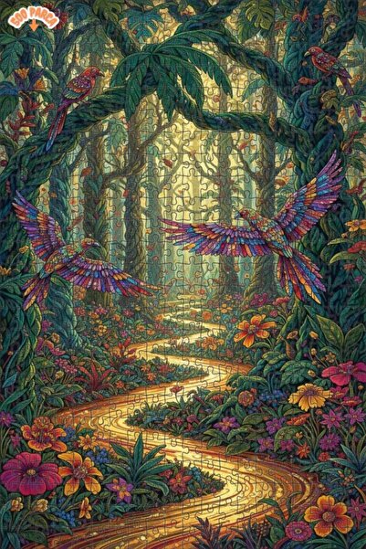 Teona Ahşap Colorful Winged Parrots Forest Scene Double Layer Framed Wooden P...