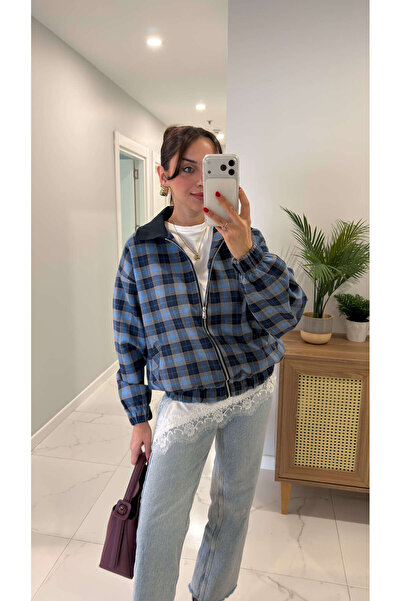 BİRCANÇİL Tudensa Blue Plaid Premium Bomber Jacket