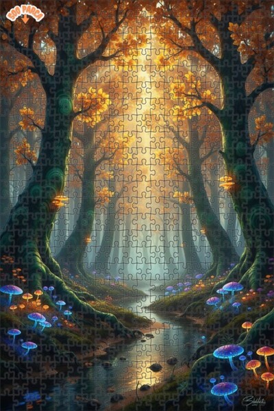 Teona Ahşap Magical Forest River Oil Painting Look Double Layer Framed Wooden...