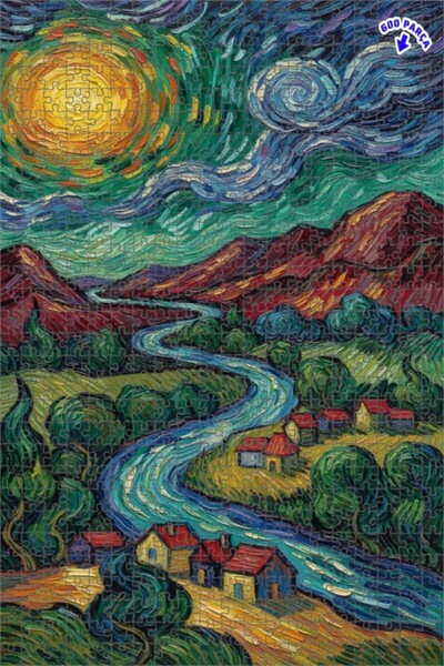 Teona Ahşap Van Gogh Yıldızlı Gece Görünümlü Çift Katlı Çerçeveli Ahşap Puzzl...