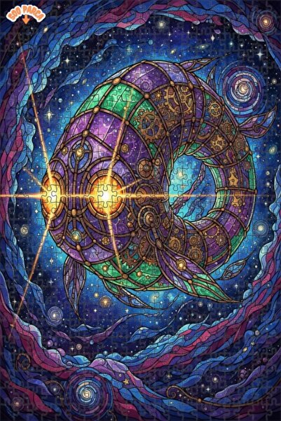 Teona Ahşap Steamy Fish Galactic Dreams Stained Glass Art Double Layer Framed...