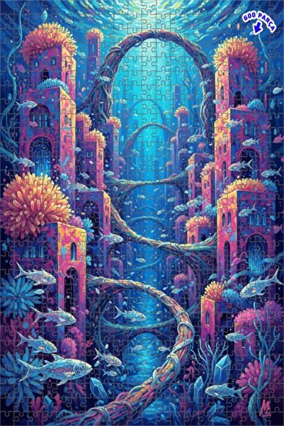 Teona Ahşap لغز فني بمظهر لوحة زيتية لمدينة تحت البحرية رائعة، 600 قطعة، 50×35
