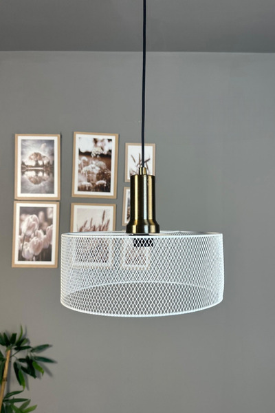 Bamyum Ferix Beyaz Metal Tel Örgü Eskitme Fener Başlık Tekli Rustik E27 Sarkı...