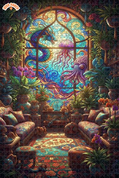 Teona Ahşap Fantastic Dragon and Octopus Stained Glass Art Double Layer Frame...