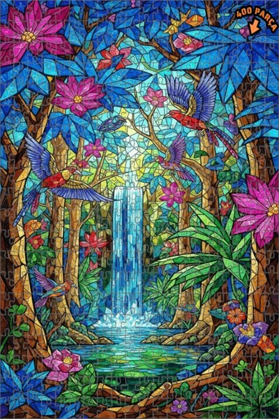 Teona Ahşap لغز خشبي مؤطر من طبقتين بتصميم طيور الجنة الاستوائية وشلال زجاجي ...