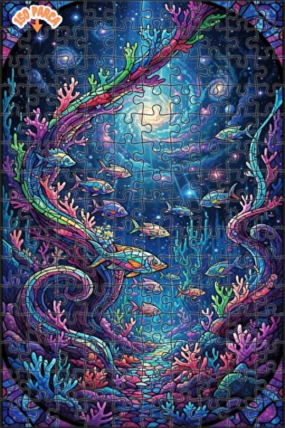 Teona Ahşap Galactic Seahorse and Colorful Corals Stained Glass Look Wooden P...