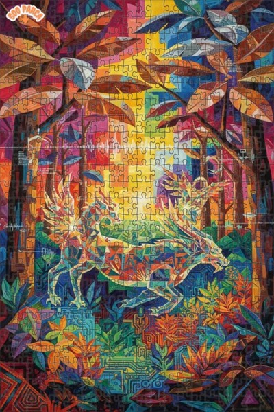 Teona Ahşap Mystical Forest Dragons Oil Painting Look Wooden Puzzle 500 Piece...