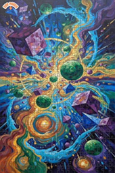 Teona Ahşap Cosmic Cubes and Planets Oil Painting Look Double-Layer Framed Wo...