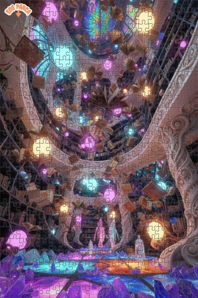 Teona Ahşap Mysterious Library Magic Books Oil Painting Double-Decker Framed ...