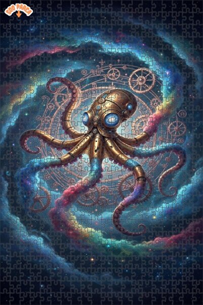 Teona Ahşap Mechanical Octopus Cosmic Surrealism Oil Painting Double-Layer Fr...